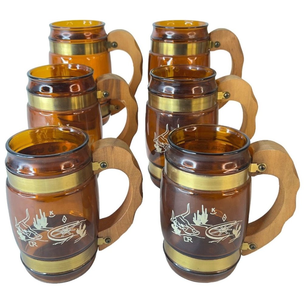 6 SiestaWare Western Roundup Barrel Mug Wood Handle Wagon Wheel Skull CampFire
